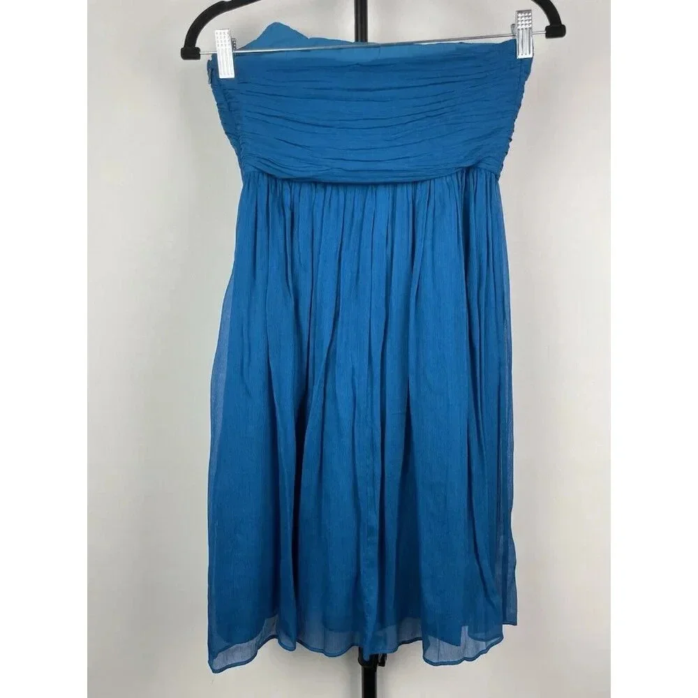 J. Crew Blue 100% Silk Crinkle Chiffon Flowy Strapless Mini‎ Dress Size 0P